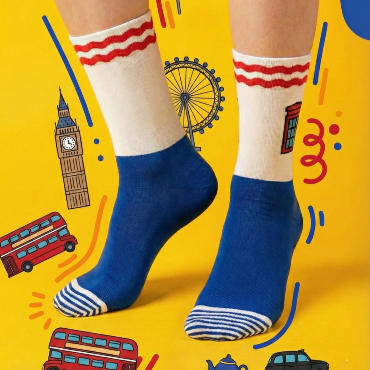 1 Pair of Unisex Socks with White Base, Red and Blue Stripes, and Red Telephone Booth Pattern, Contrasting Color Cuffs and Red Heel and Toe, Breathable, Fun, Short Socks, Suitable for Everyday Wear