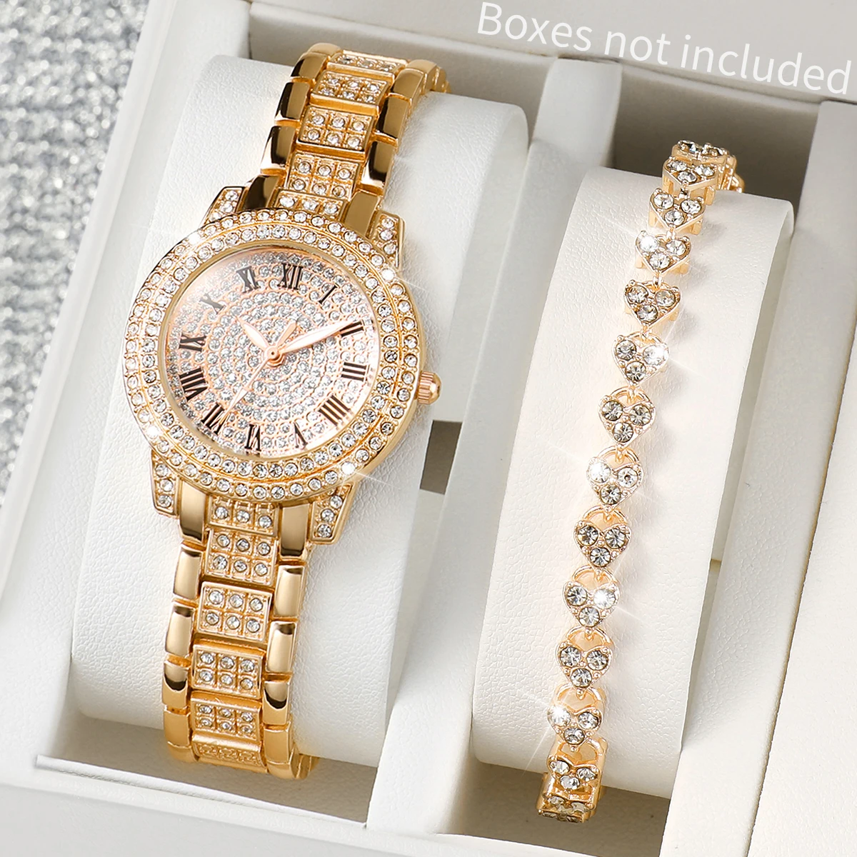 2PCS/Set Women\'s Watch Fashion Full Diamond Roman Dial Steel Band Quartz Watch Rhinestone Heart Bracelet Set（Without Box）