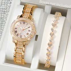 2PCS/Set Women's Watch Fashion Full Diamond Roman Dial Steel Band Quartz Watch Rhinestone Heart Bracelet Set（Without Box）