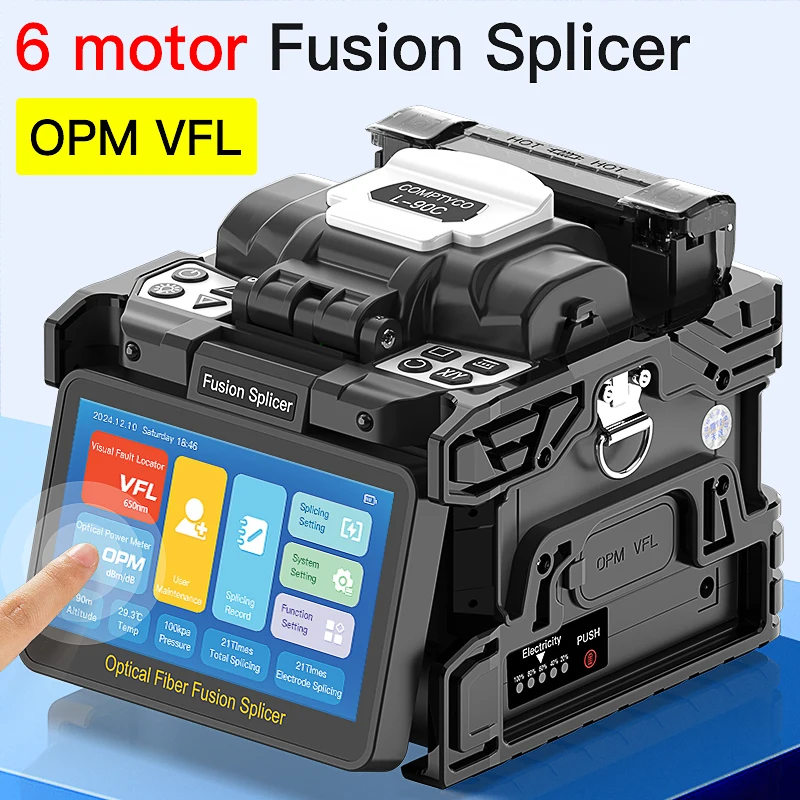 L-90C Optical Fiber Fusion Splicer 6 Motor Multilingual Touch Screen SM MM Fiber Optic Core Splicer Machine Built-in OPM and VFL