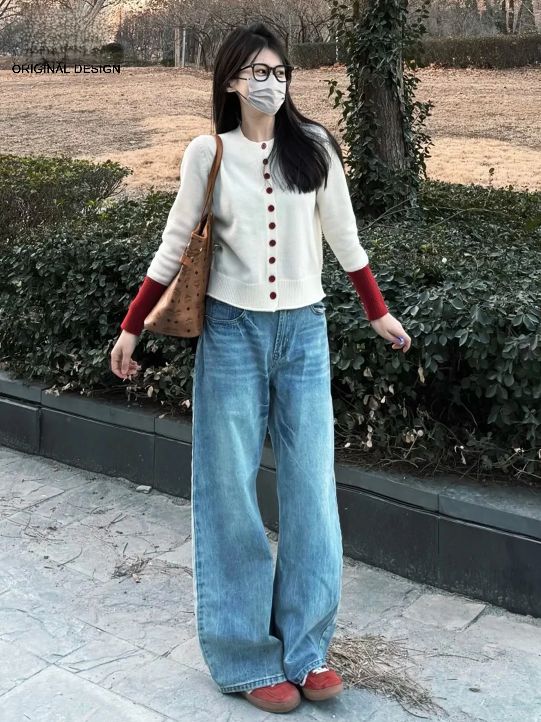 

Fleece Lined Heavyweight Washed Knife Jeans Women's Winter mid Low Waist Loose Slim Pleated Wide Leg Pants Casual