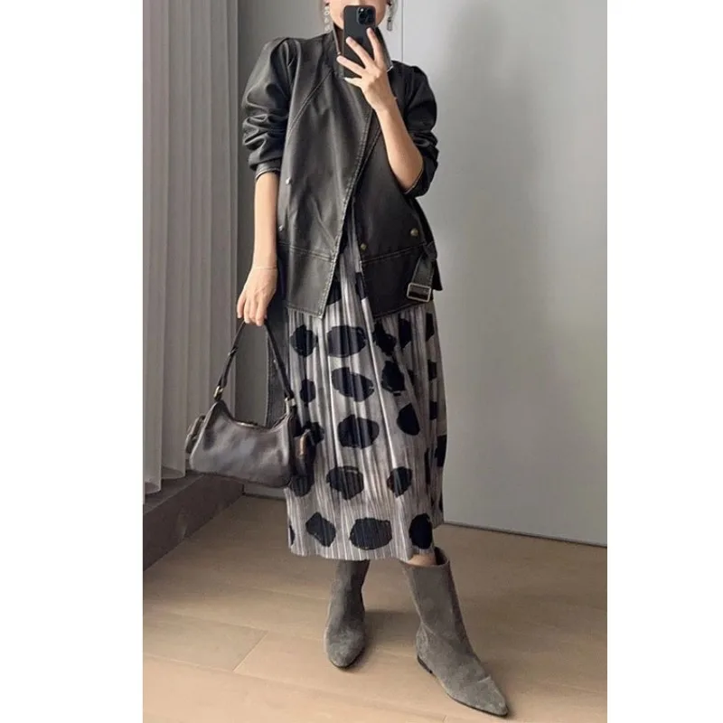 Miyake plissado preto bolinhas meia saia feminina simples casual solto moda versátil roupas de viagem coreano vestindo