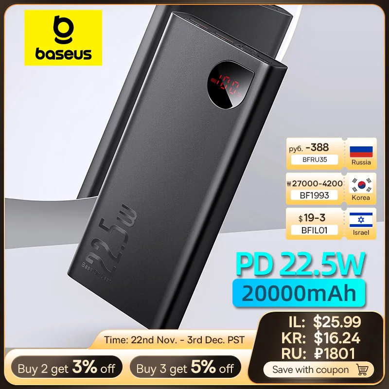 Baseus 22.5W Power Bank 20000mAh Portable Fast Charging Powerbank Type C PD Qucik Charge External Battery Charger For iPhone 16