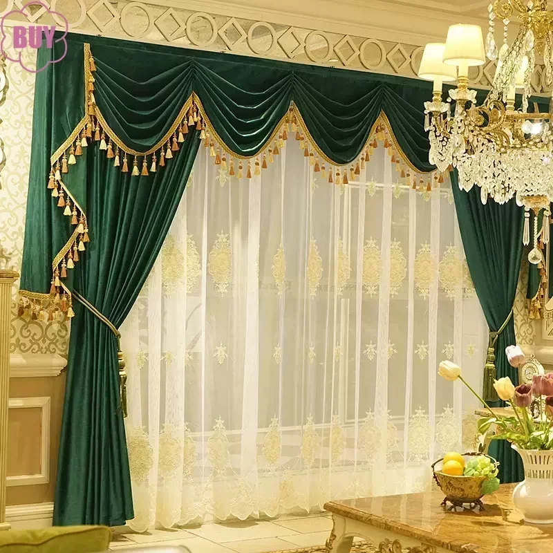 

Luxury Curtains for Living Dining Room Bedroom Gold Velvet Fabric Curtains High-end Villa Valance Curtains Tulle Customization