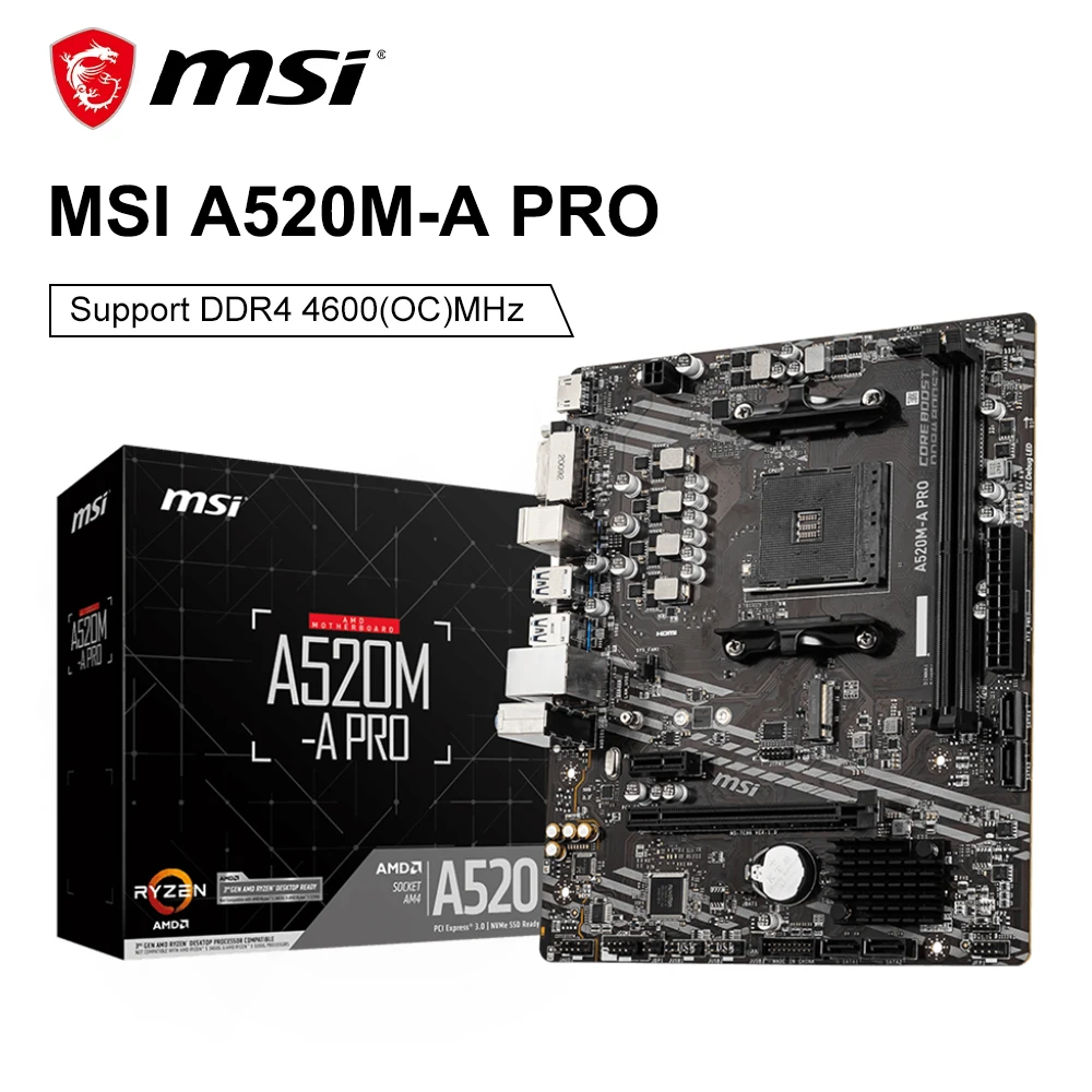 

Материнская плата MSI A520M A PRO DDR4 M.2 Socket AM4 USB3.2 STAT 3,0 SSD 4600(OC) МГц Audio Boost AMD A520, материнская плата