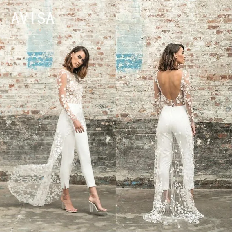 2022 Sexy Modern O-Neck Backless  Wedding Pant Suits For Brides  Brush Train Lace  Wedding Jumpsuits Women Elegant Formal Dress