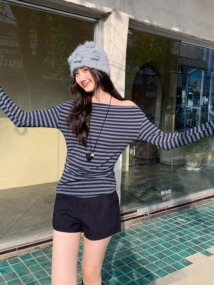 المرأة سليم صالح كم طويل شريطية المحملة خارج الكتف س الرقبة الكورية Y2K رمادي تي شيرت النمط الياباني الأساسي لربيع الخريف #1