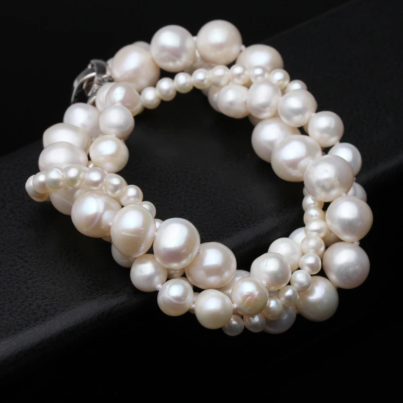 Mutilayer Natural Freshwater Pearl Bracelet Ladies Woman,925 Silver Real White Pearl Jewelry Bracelet Wife Mother Party Gifts