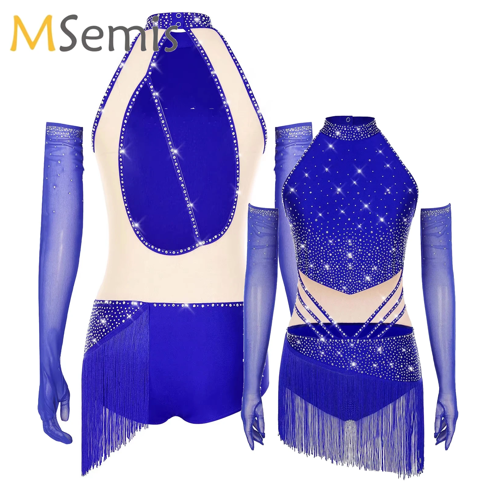 Vestido de leotardo de baile de patinaje artístico para mujer, traje de actuación de Tango latino Cha-cha Samba, mono con diamantes de imitación y conjuntos de guantes