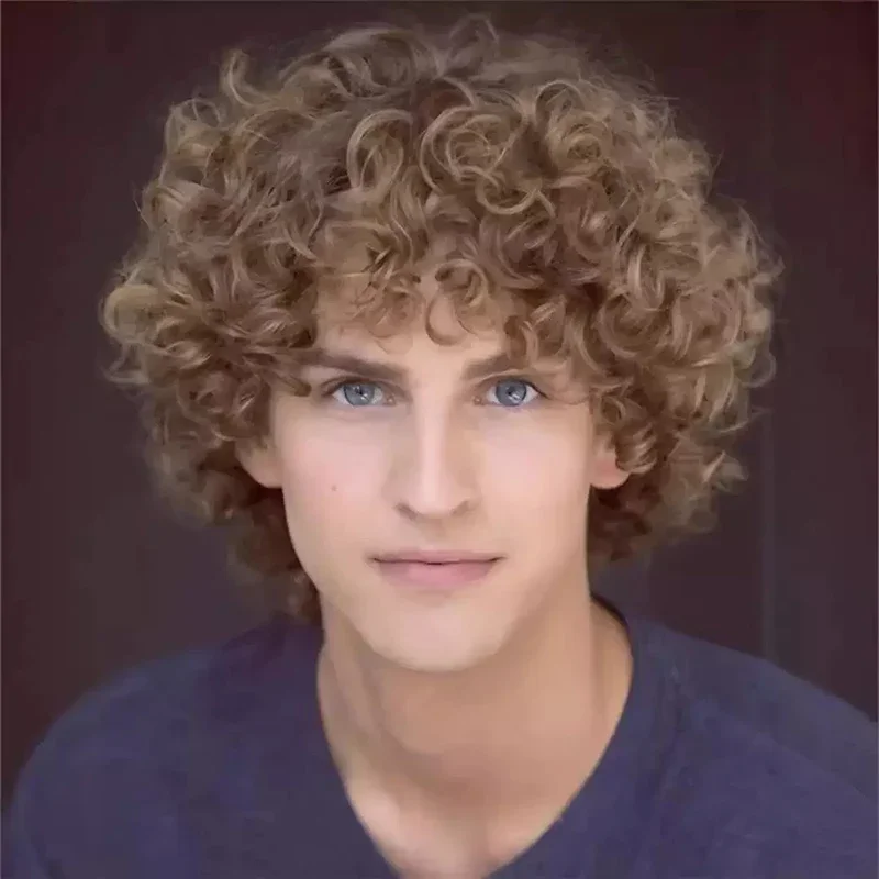 África hombre pequeño pelo rizado Shoot modelado postizo ropa partido peluca de seda de alta temperatura Europa y América hombre pelo corto