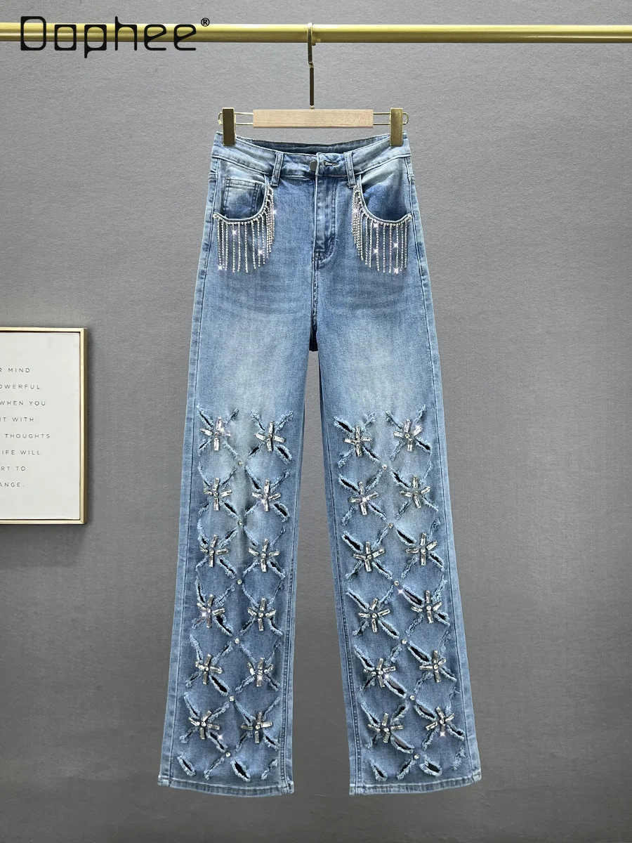 Diamond Ripped Denim Pants Women Chain High Waist Slim Straight Leg Pants Casual Jeans Blue Heavy Industry Street Fashion