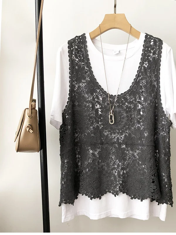 Gilet estivo in pizzo lavorato a maglia sottile Capispalla da donna di grandi dimensioni Scava fuori Anti-età irt Svel rotondo Ne Casual Sle