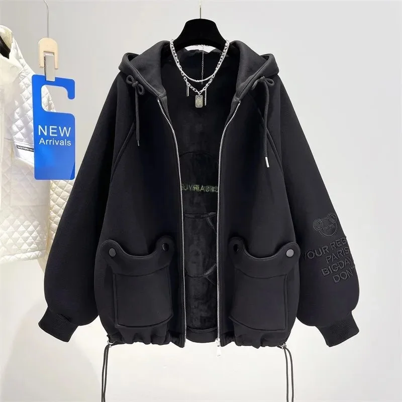 Women's 300 Catties Black Hooded Sweater Women Fleece Thickened 2022 New Wild Fat mm Autumn and Winter Trendy Ins Jacket Commute