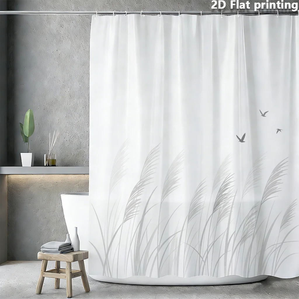 Modern Aesthetic Nature Shower Curtain Waterproof Bathroom Decor Minimalist Reeds Grass Design Curtain for Master Bath  Interior