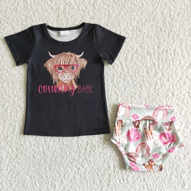 New Fashion Baby Girls Courtny BABE Cowhead Black Short Sleeves Thong Set Wholesale Boutique Children Clothes RTS