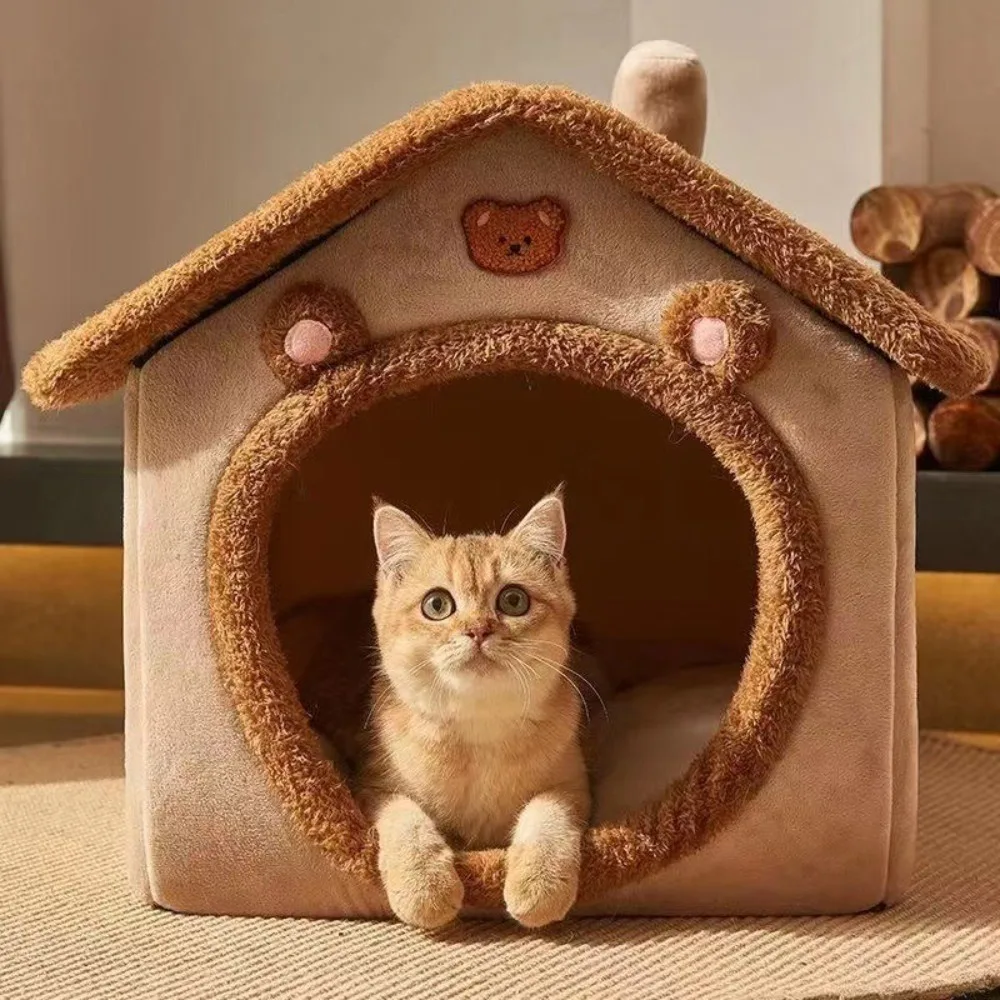 Foldable Winter Sleeping Pet House Puppy Cave Removable Washable Cat Bed Warm Plus Velvet Puppy Nest For Small Dogs Medium Cats