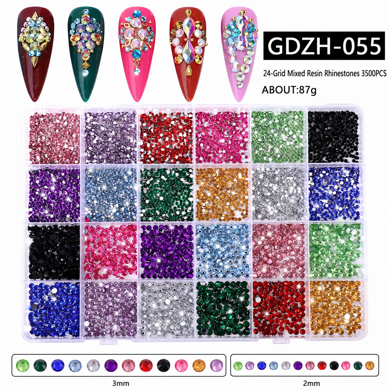 24-Grid Mixed Resin Rhinestones 3500pcs 2mm & 3mm Mixed Size Iridescent Round Decorations For Nail Art Diy Crafts Accessories