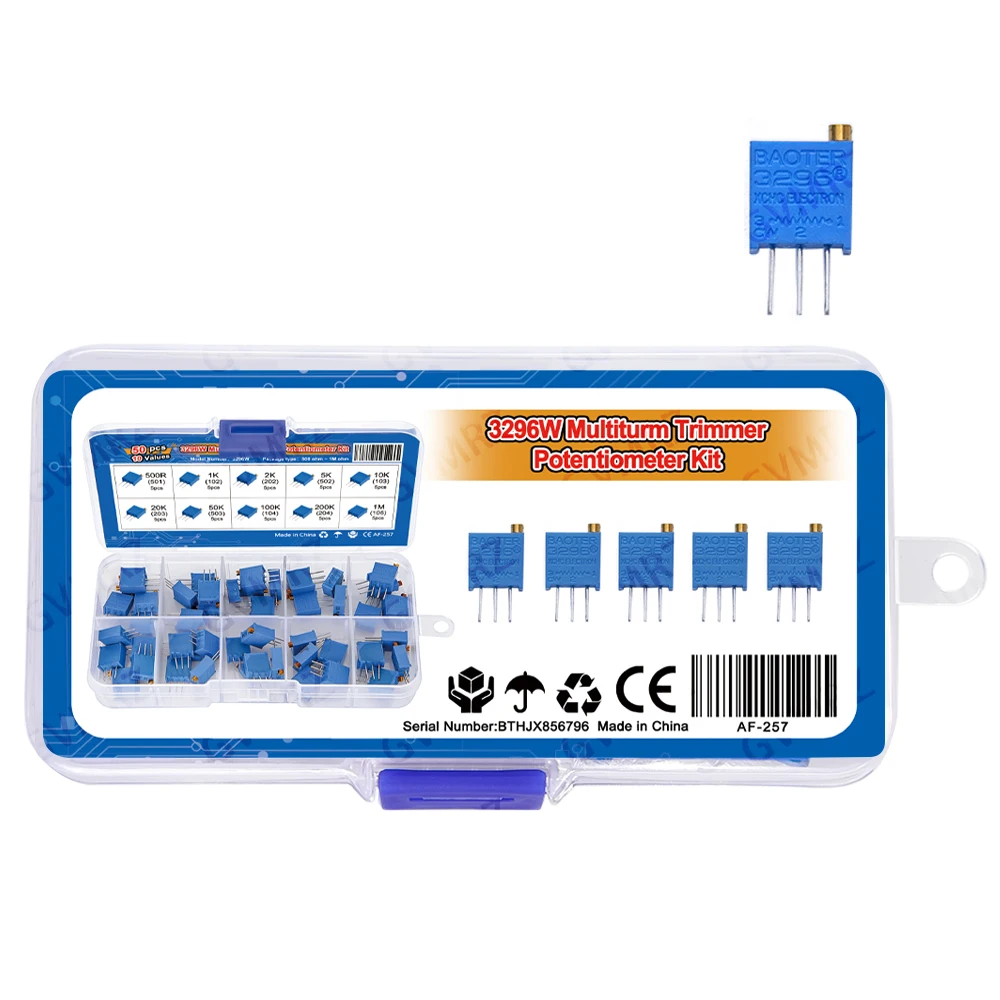 50PCS 500Ω 10Values 3296W Multiturn Trimmer Potentiometer Kit (500Ω-1MΩ) in Box for Precision Circuit Tuning & Electronics DIY 