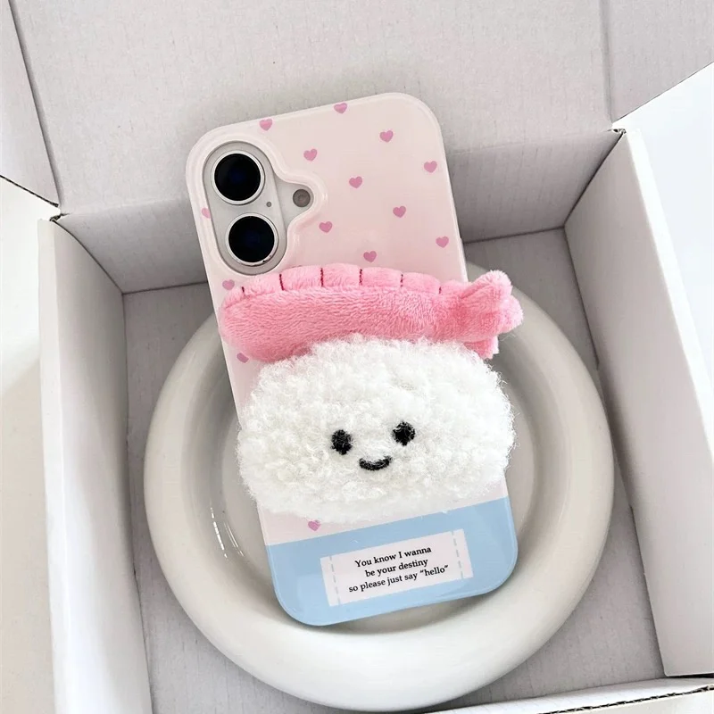 Cute Pink 3D Heart Love Sushi Plush Stand Phone Case For iPhone 11 12 13 14 15 16Pro Max Japan Cartoon Lovely Sushi Furry Holder