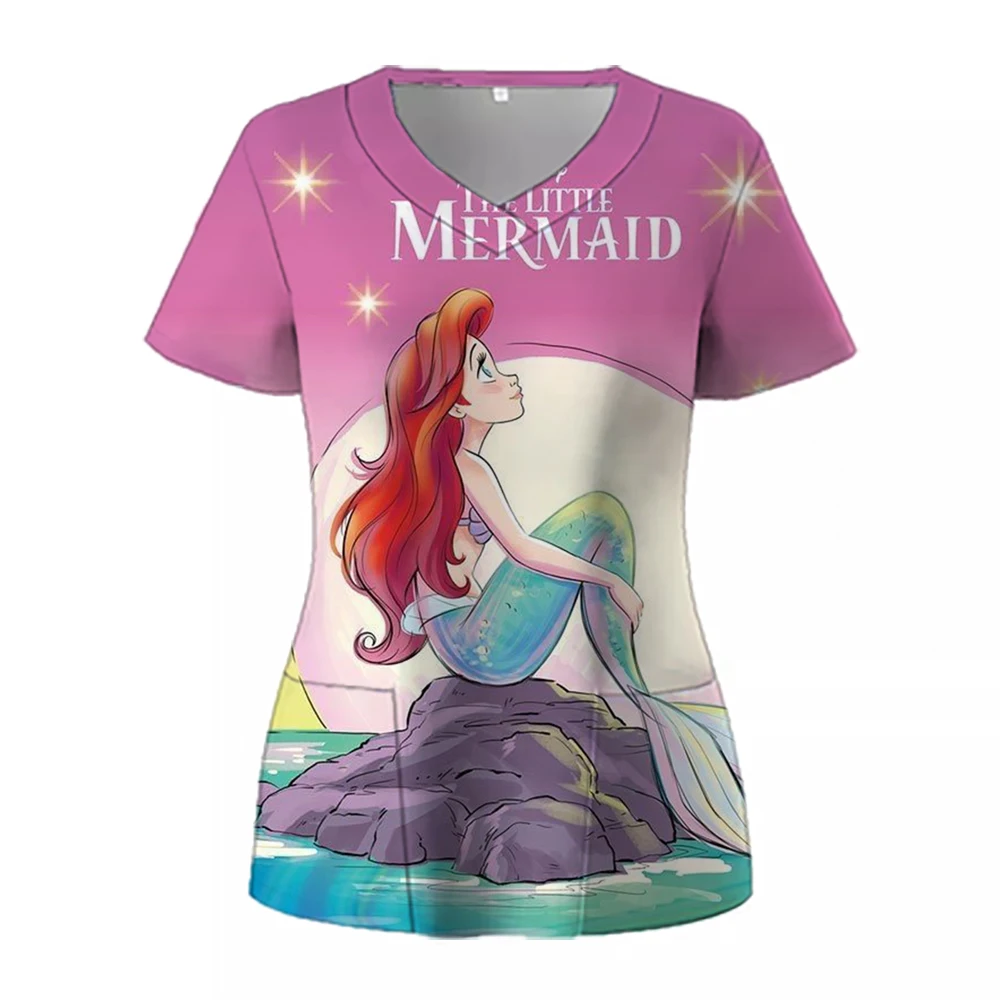 2024 Scrub Tops Mermaid Princess Print Womens V Neck Top Nursed Working T Shirts Blouse Medical Uniform With Pockets