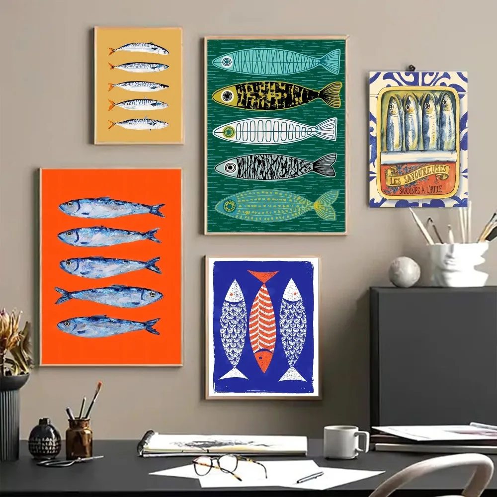 Colorful Sardine Lobster Fish Ocean Poster Posters Sticky HD Quality Wall Art Retro Posters for Home Kawaii Room Decor