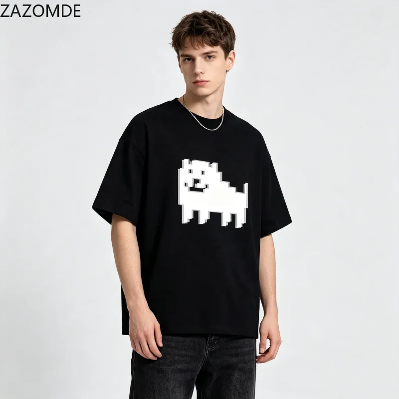 ZAZOMDE Harajuku Hip Hop T-shirt Funny Pixel Puppy Front Print Crew Neck Short Sleeve Oversized Loose Couple Fashion Shirts