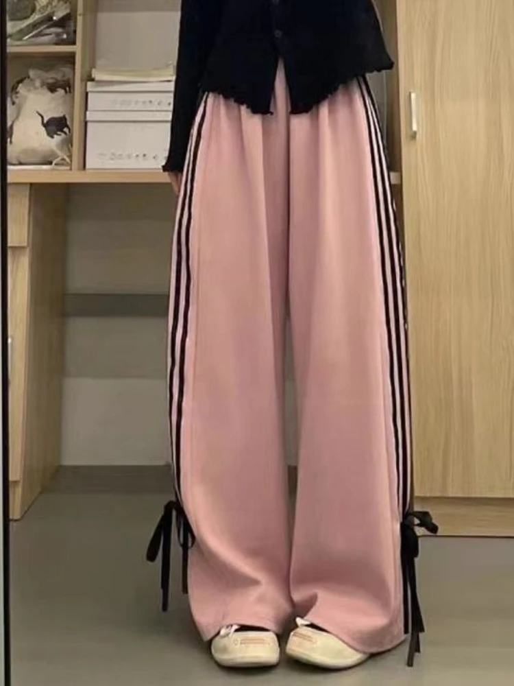 Deeptown doce cintura alta calças de perna larga, Streetwear de moda retro americana, Bow Bandage Loose Sweatpant, Kawaii Gril macio, Y2k, 2024