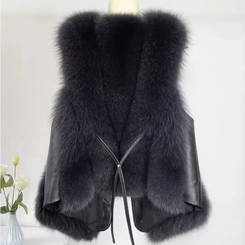 2024 Autumn Winter Women Vest Short Style Splicing Solid Color Fur Coat New