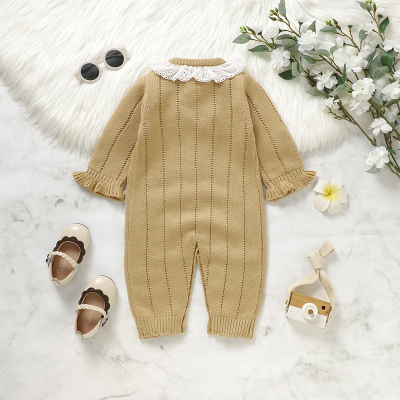 Newborn Baby Romper Knitted Girl Jumpsuit Long Sleeve Warm Fall Infant Kid Clothes 0-18M Fashion Solid Ruffles Overalls Playsuit