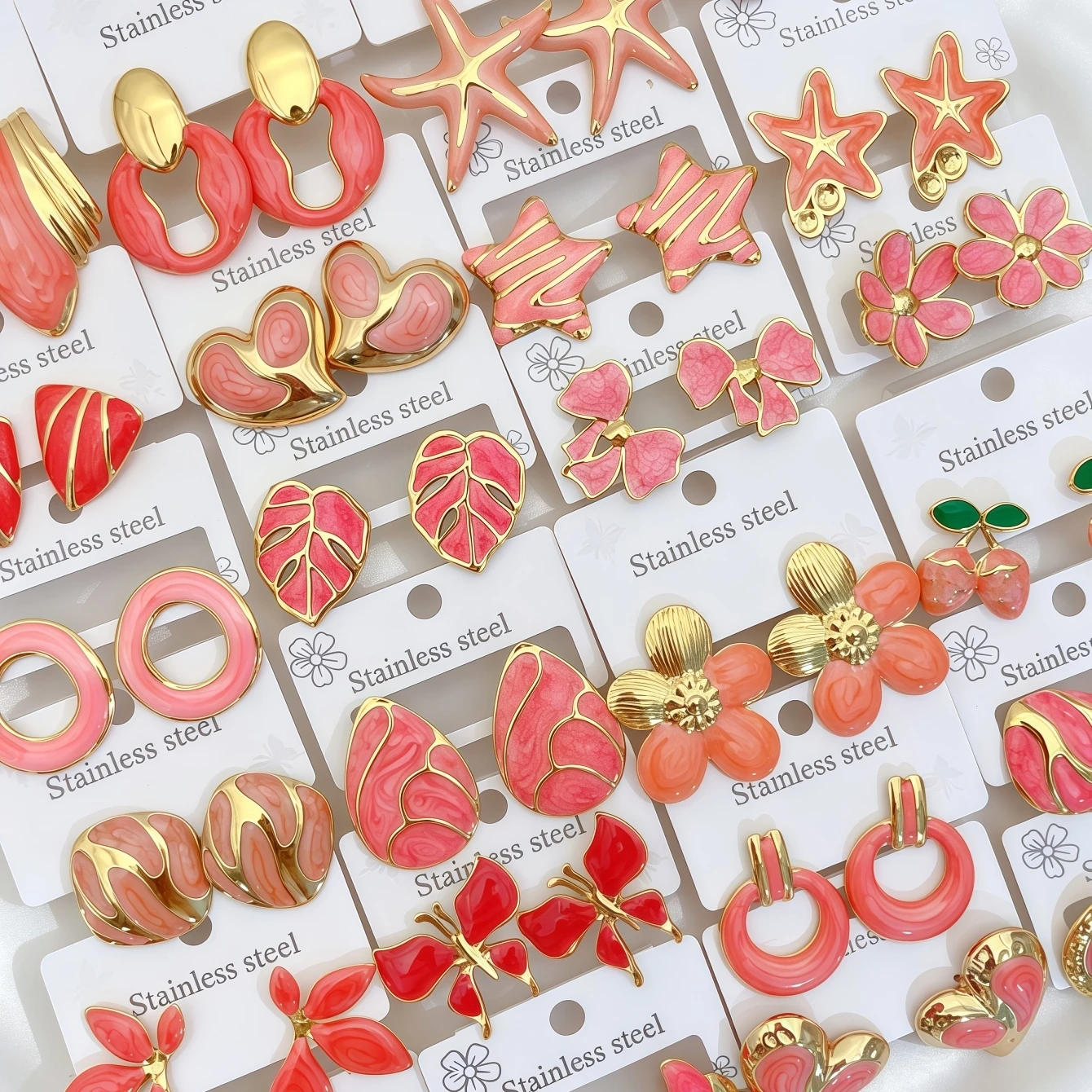 3/6/9/12/24/36/48 Pares de Pendientes de Acero Inoxidable con Diseño de Gota de Aceite Naranja para Mujer, Joyería de Moda con Forma de Corazón y Mariposa, Regalos para Fiestas