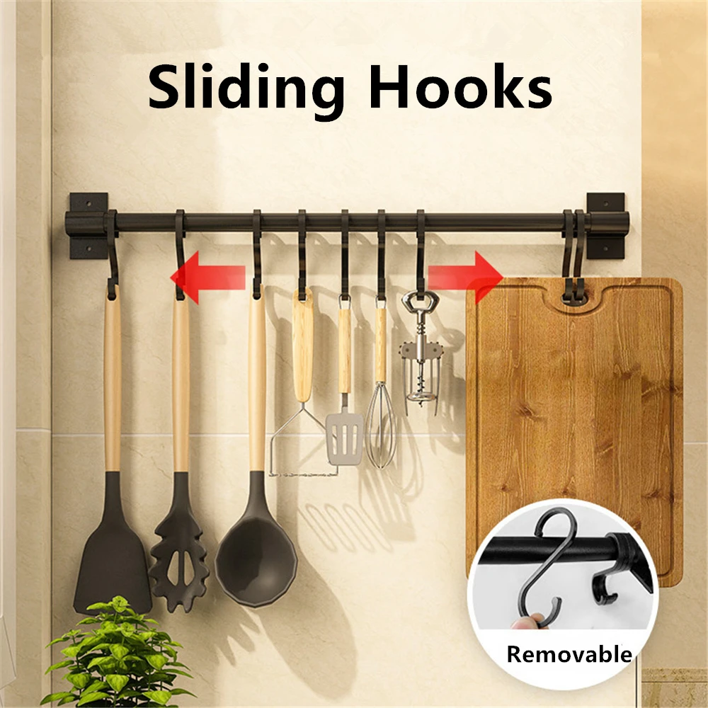 Kitchen Hook Organizer Wall Hanger Spatula Spoon Lid Holder Black Movable Hooks Utensil Storage Rack Cooking Tools Hanging Rod