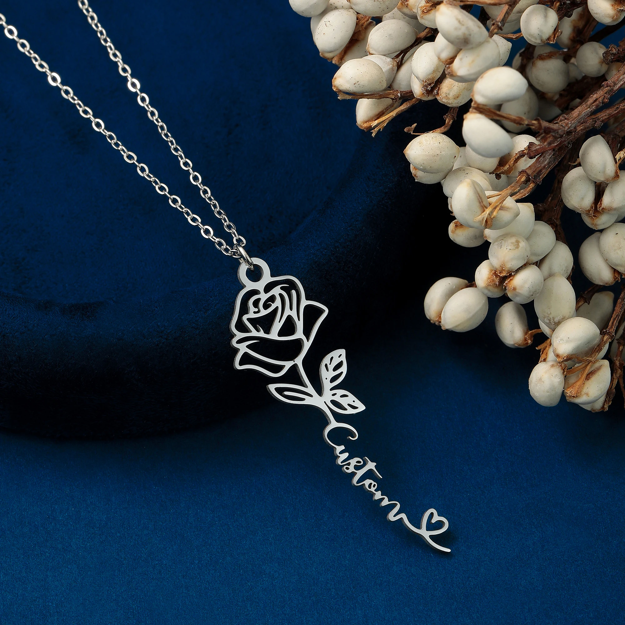 QIAMNI Custom Rose Birth Month Flower Name Necklace for Women Stainless Steel Jewelry Personalized Pendant Choker Birthday Gifts