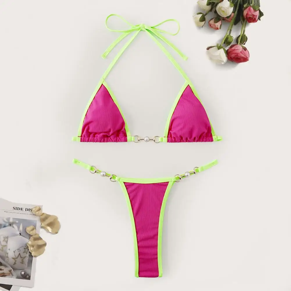 Áo Bikini Bộ Màu Sắc Tương Phản Dây Cổ 3 Điểm Ngọc Trai Cổ V Sâu Bơi Người Tắm Nữ Micro Thông bikini