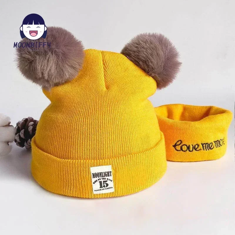 New 2Pcs Baby Hat Scarf Set Bear Cat Winter Spring Autumn Warm Knit Baby Cap Bonnet Kids Hat Boy Girl Cap Boys Girl Beanie