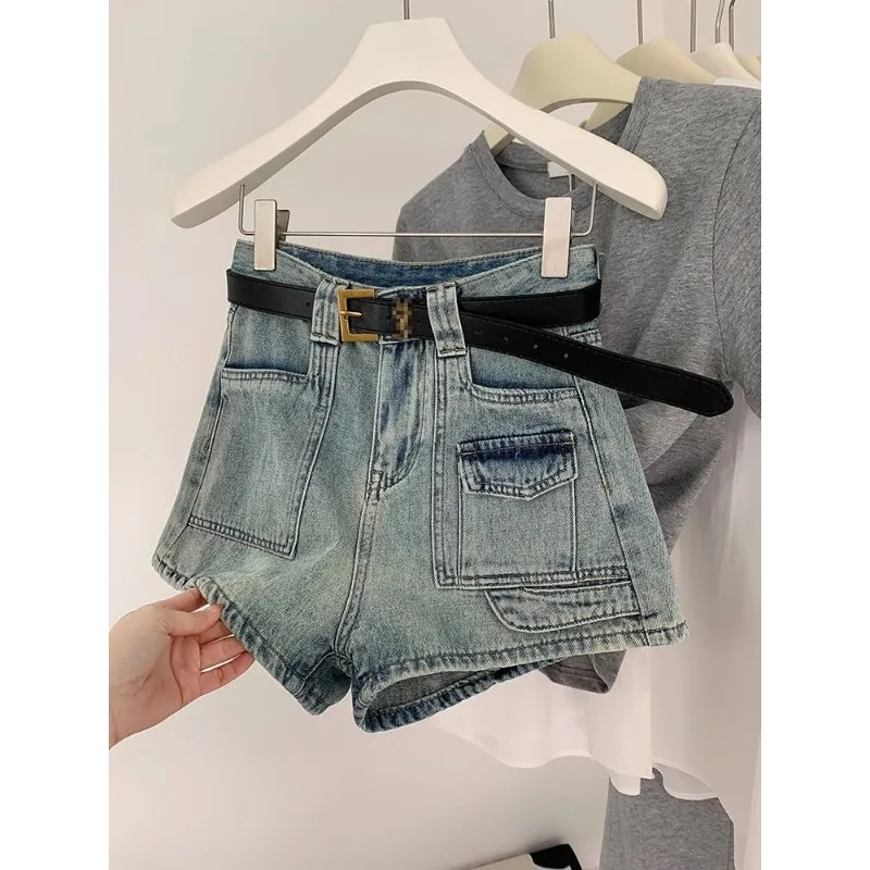 Retro Design Pocket Denim Shorts for Women in Summer New High Waist Loose a Line Wide-leg Hot Pants