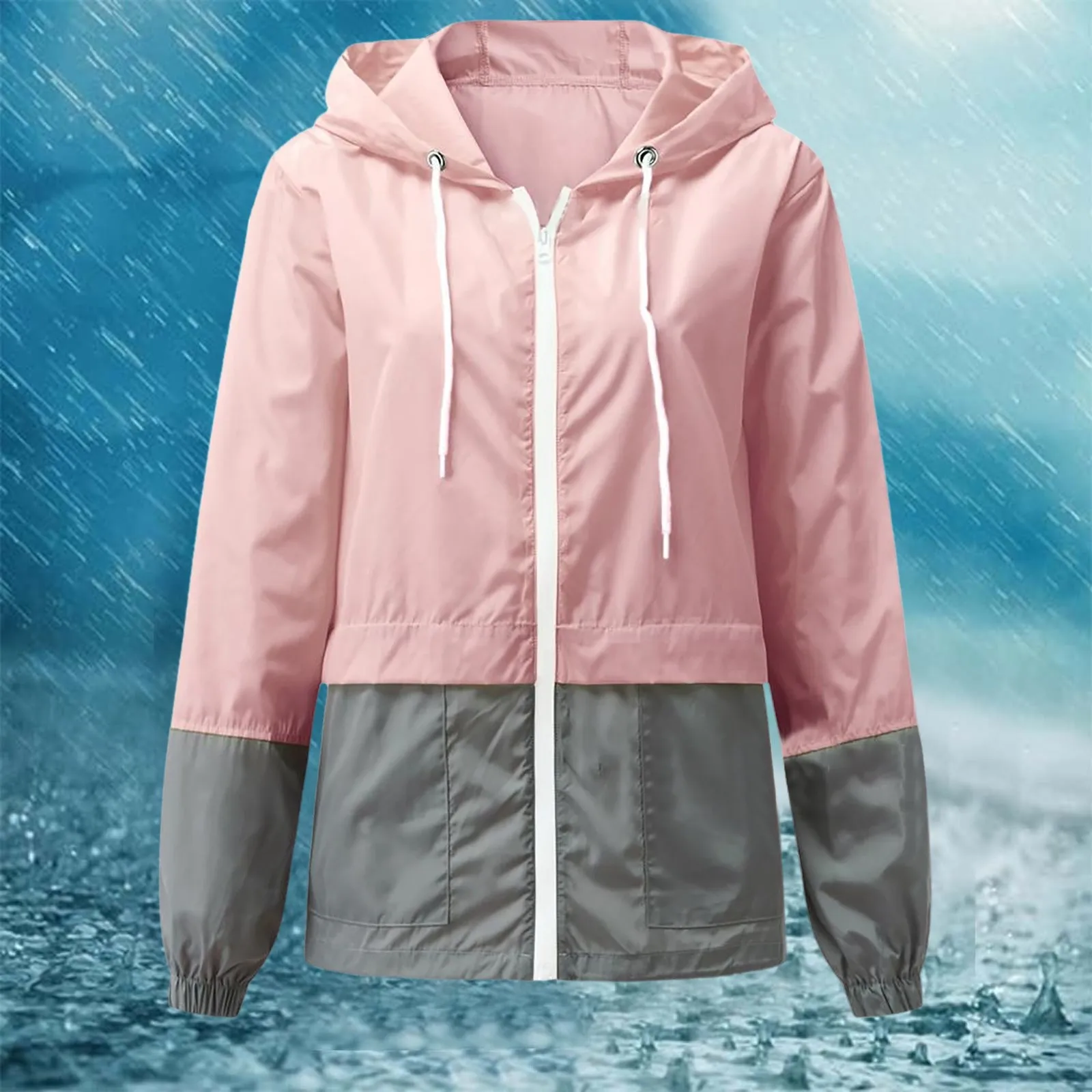 Women's Fashion Casual Solid Colour Patchwork Zip Pockets Waterproof Hooded Windbreaker Women's Long-Sleeved Loose Windbreaker