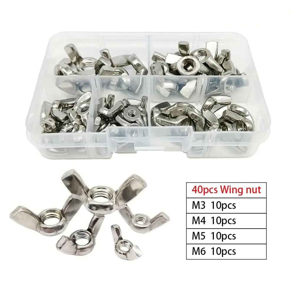 25/40 Pieces of Stainless Steel Wing Nuts in 6 Sizes: M3, M4, M5, M6, M8, M10; Wing Nut Fasteners.