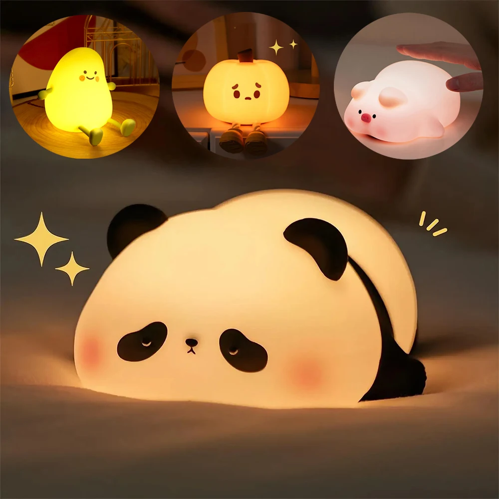 Panda LED Night Light Cute Silicone Night Light USB Rechargeable Touch Night Lamp Bedroom Timing Lamp Decoration Children\'s Gift