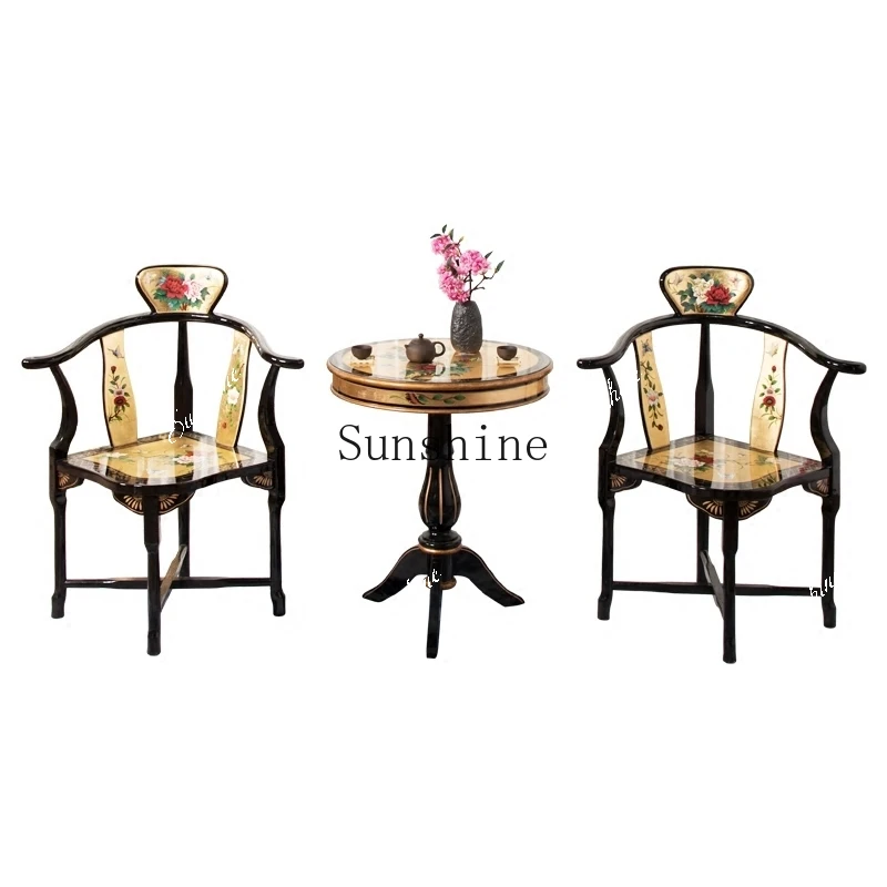 New Chinese solid wood tea table Kung Fu sticker gold foil painted tea room furniture triangular chair combinationYY