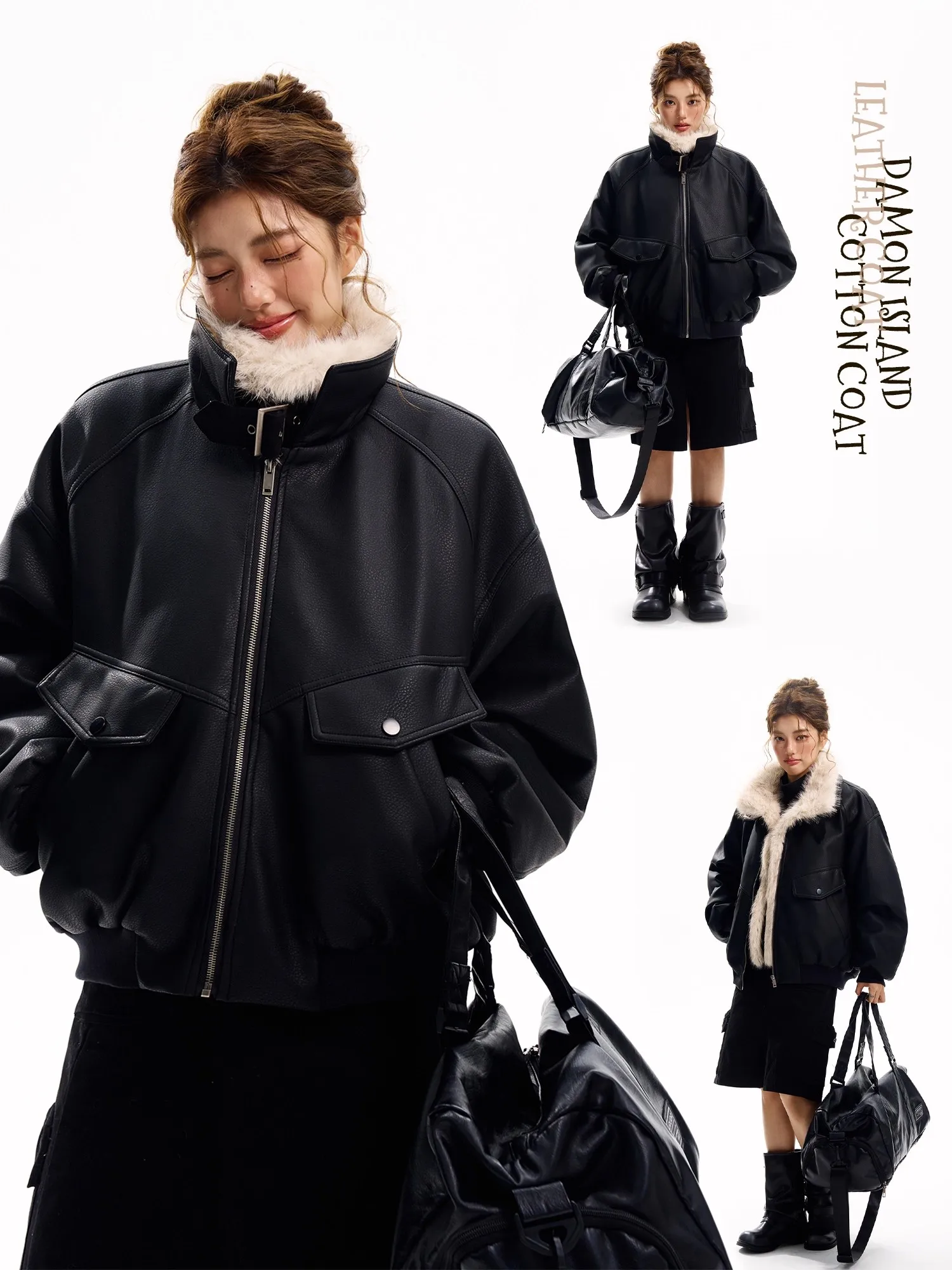 

Thiened PU Leather Cotton Jaet Women's Faionable Retro American Sle Coat with Fur Collar Splicing Design Winter Coat