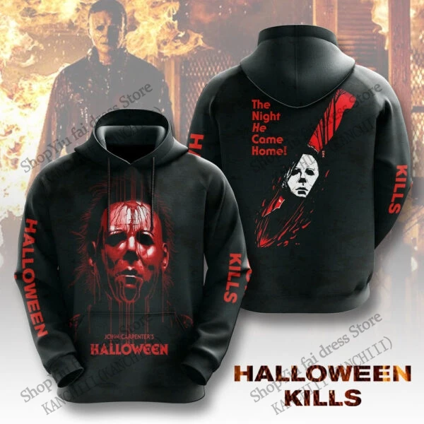 سترة Jason Hoodie للرجال بطباعة فيلم الرعب للذكرى الـ 45، بلوفر أسود وأحمر مع جيب الكنغر، سويت شيرت للجنسين ملابس الشارع الشهير