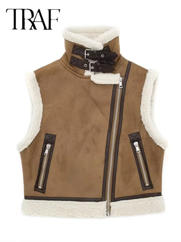 TRAF 2023 Autumn Female Fashion Faux Leather Lambswool Patchwork Sleeveless Vest Jacket Thickening Warm Zip Waistcoats Coat