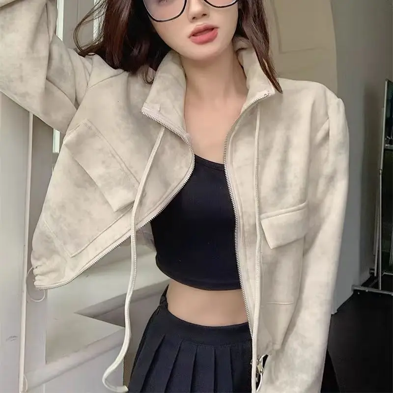 Arbeits kleidung Doppel reiß verschluss kurze Jacke American Hot Girl weibliche Nische Design Herbst neue lose abnehmen hohe Taille Kordel zug Top