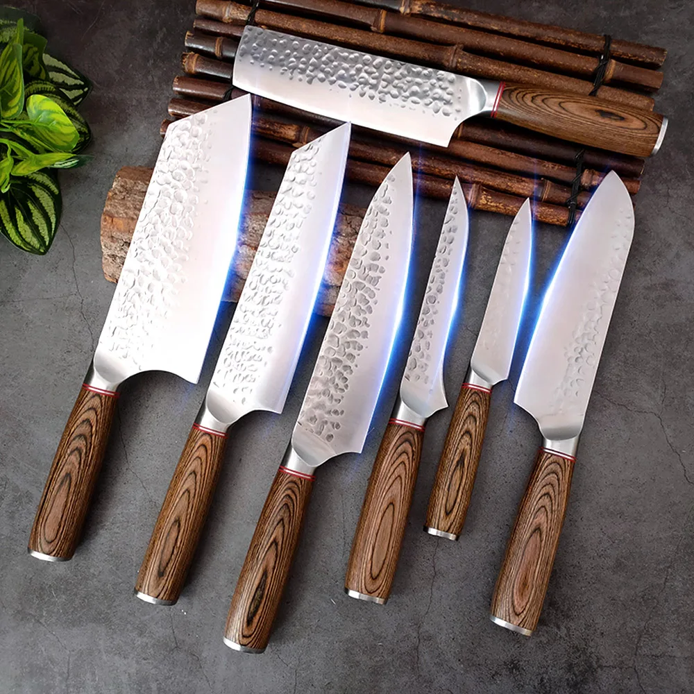 1-7Pcs set Forged Chef Knives Cleaver Slicing Utility Kitchen Utensils High Carbon Stainless Steel Santoku Peeling Cooking Knife