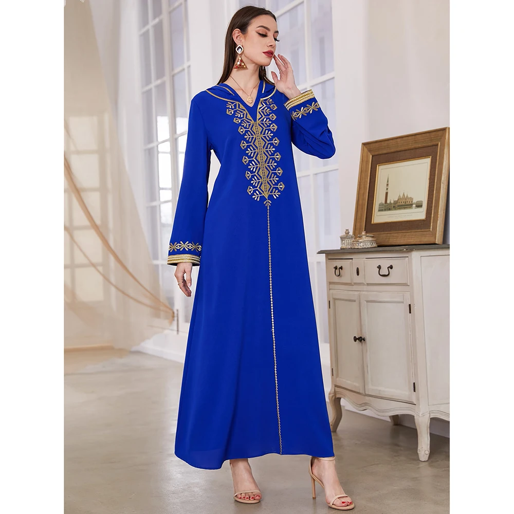 Moroccan Gulf Abayas Eid Long Dress for Women Royal Blue Dubai Luxury Gold Embroidery Kaftan Caftan Marocain Abaya