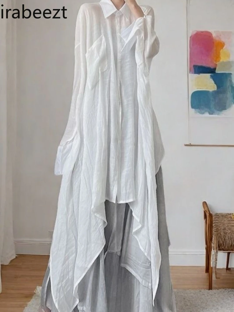 

Plus Size Women's Muslin Shirt Dress with Asymmetrical Flowy Hem Collared Neck Loose Fit Midi Length Artistic Style