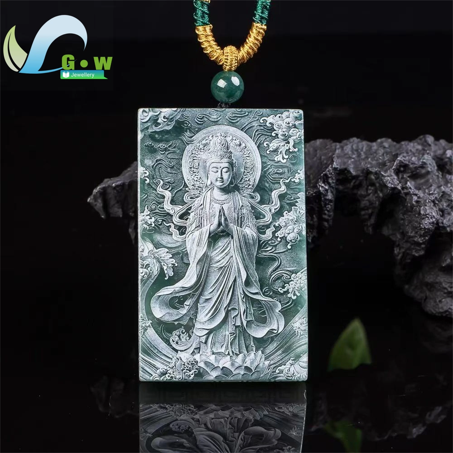 Natural A Grade Jadeite Standing Guanyin Bamboo Forest Plaque Pendant Double Sided Shadow Carving Blue Water Hanging Ornament