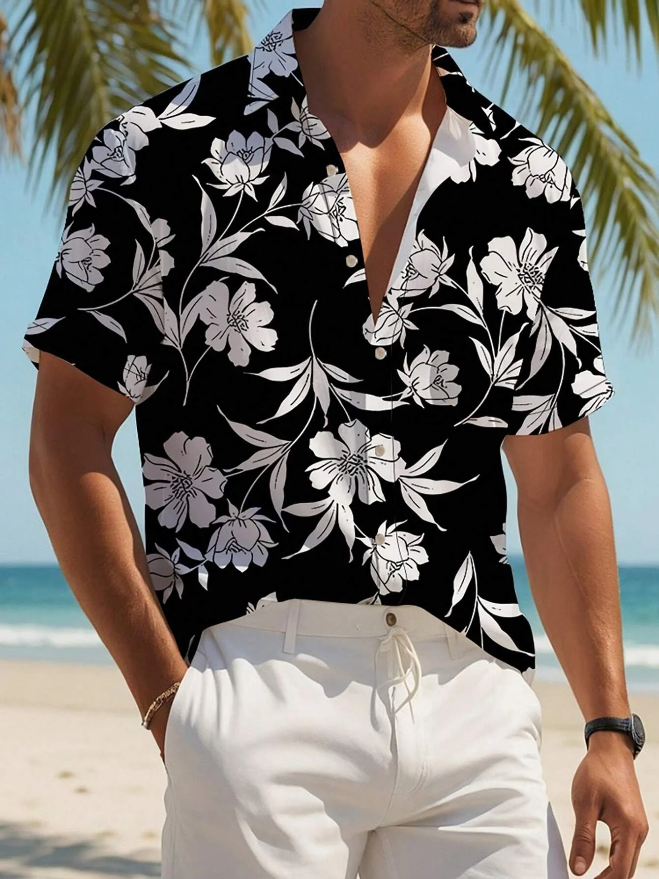 

Men's Plant Print Vacation Style Short Sleeve Button-Down Shirt Outdoor Vacation Beach Summer Turndown Tee Spandex Hawaii Shirts