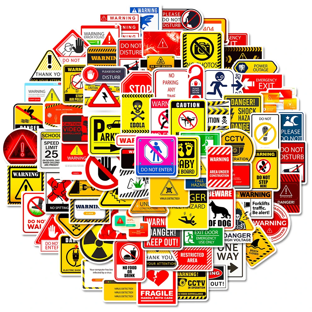 10/30/50/100pcs Funny Warning Sign Graffiti Stickers Cartoon Danger Banning Decals Motorcycle Phone Notebook Sticker Decoration