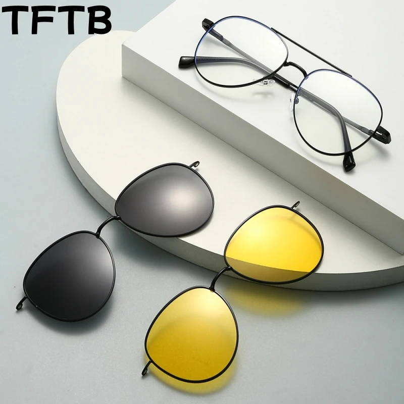 

TFTB Men's Pilot Polarized Magnetic Clip-On Glasses Fashion Retro Women's Eyewear UV400 Optical Prescription Eyeglasses Frames